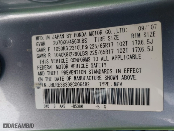 2008 Honda CR-V LX with VIN JHLRE38398C006482, listed as a IAAI auction lot 41834007 with 136,153 mi miles. Bid and sale history available at carsss.com. Image 9.