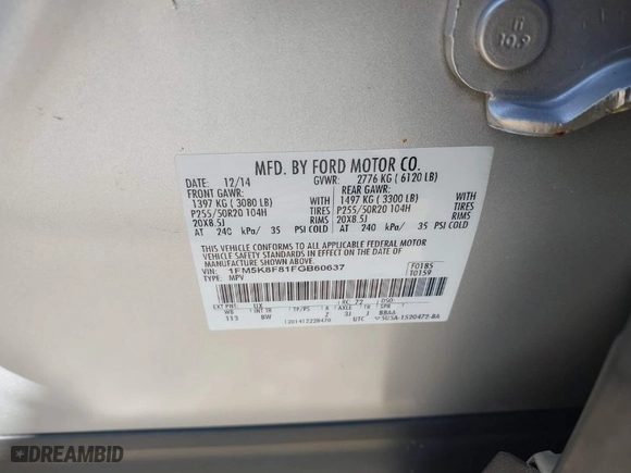 2015 Ford Explorer Limited with VIN 1FM5K8F81FGB60637, listed as a IAAI auction lot 41804716 with 115,501 mi miles. Bid and sale history available at carsss.com. Image 9.