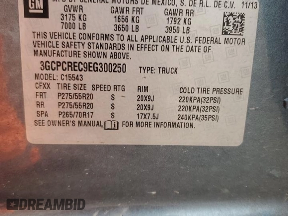 2014 Chevrolet Silverado 1500 LT with VIN 3GCPCREC9EG300250, listed as a Copart auction lot 50165045 with 169,806 mi miles and Salvage Title. Bid and sale history available at DreamBid. Image 12.