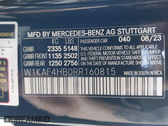 2024 Mercedes-Benz C 300 with VIN W1KAF4HB0RR160815, listed as a IAAI auction lot 42103860 with Not Provided miles and . Bid and sale history available at DreamBid. Image 9.
