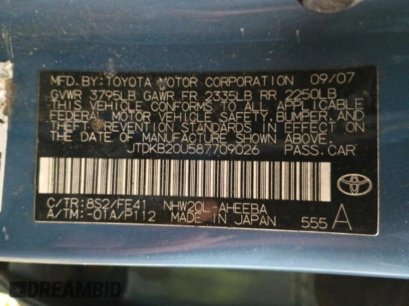 2008 Toyota Prius with VIN JTDKB20U587709026, listed as a Copart auction lot 64868035 with 120,265 mi miles and Clean title. Bid and sale history available at DreamBid. Image 10.