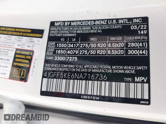 2022 Mercedes-Benz GLS 450 with VIN 4JGFF5KE6NA716736, listed as a IAAI auction lot 42269189 with 50,929 mi miles and . Bid and sale history available at DreamBid. Image 9.