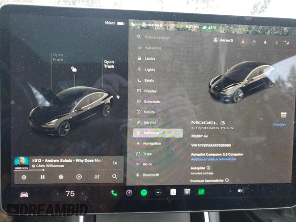 2019 Tesla Model 3 Mid Range with VIN 5YJ3E1EAXKF305080, listed as a Copart auction lot 49899965 with 88,607 mi miles and Salvage Title. Bid and sale history available at DreamBid. Image 9.