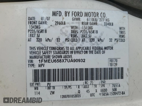 2007 Ford Explorer Limited with VIN 1FMEU658X7UA90932, listed as a Copart auction lot 55525385 with 154,998 mi miles and Clean title. Bid and sale history available at DreamBid. Image 13.
