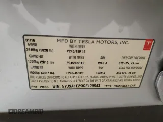 2016 Tesla Model S 90D with VIN 5YJSA1E29GF120543, listed as a Copart auction lot 56574425 with 56,412 mi miles and Salvage title. Bid and sale history available at DreamBid. Image 13.