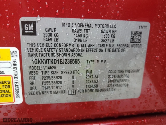 2014 GMC Acadia Denali with VIN 1GKKVTKD1EJ238585, listed as a Copart auction lot 51625425 with 130,572 mi miles and Salvage Title. Bid and sale history available at carsss.com. Image 14.
