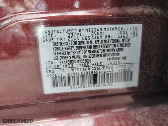 2021 Nissan Sentra SV with VIN 3N1AB8CV7MY258695, listed as a Copart auction lot 46998745 with 51,460 mi miles and Non Repairable. Bid and sale history available at carsss.com. Image 12.