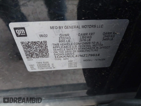 2022 GMC Acadia SLT with VIN 1GKKNUL47NZ179614, listed as a IAAI auction lot 41351434 with 22,901 mi miles and . Bid and sale history available at DreamBid. Image 9.
