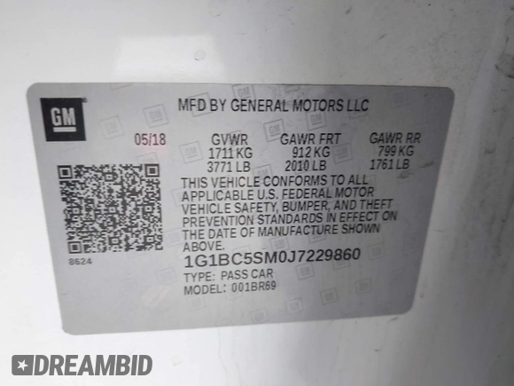 2018 Chevrolet Cruze LS with VIN 1G1BC5SM0J7229860, listed as a IAAI auction lot 41916807 with 94,391 mi miles and . Bid and sale history available at DreamBid. Image 9.