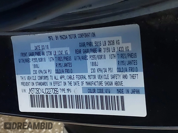2018 Mazda CX-9 Touring with VIN JM3TCBCY4J0227069, listed as a IAAI auction lot 41676017 with 77,844 mi miles. Bid and sale history available at carsss.com. Image 9.