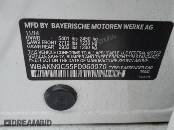 2015 BMW 5 Series 550i with VIN WBAKN9C55FD960970, listed as a Copart auction lot 84994434 with 105,593 mi miles and Salvage title. Bid and sale history available at DreamBid. Image 12.