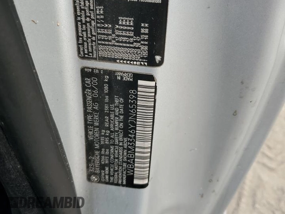2000 BMW 3 Series 323Ci with VIN WBABM3346YJN65398, listed as a Copart auction lot 84015384 with Not Provided miles and Non Repairable. Bid and sale history available at DreamBid. Image 12.