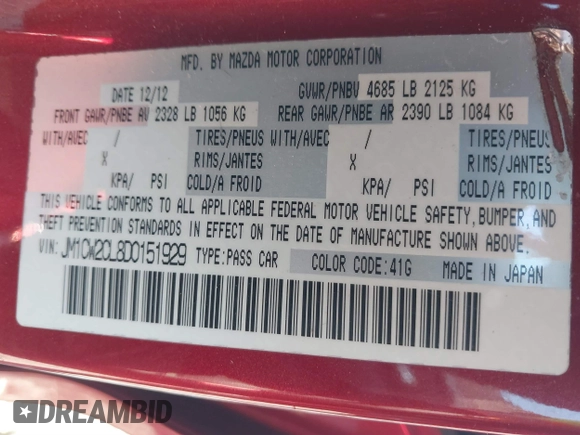 2013 Mazda 5 Touring with VIN JM1CW2CL8D0151929, listed as a IAAI auction lot 41553179 with 89,640 mi miles. Bid and sale history available at carsss.com. Image 9.