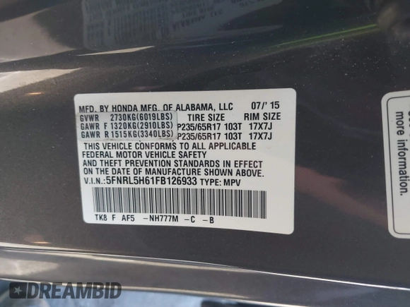 2015 Honda Odyssey EX-L with VIN 5FNRL5H61FB126933, listed as a IAAI auction lot 42003978 with 69,025 mi miles and . Bid and sale history available at carsss.com. Image 9.
