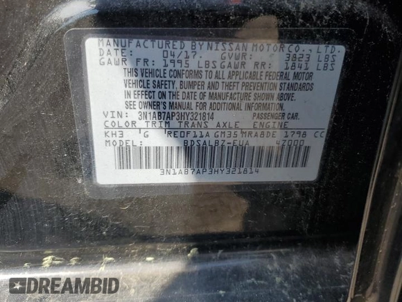 2017 Nissan Sentra S with VIN 3N1AB7AP3HY321814, listed as a Copart auction lot 61785215 with 125,736 mi miles and Clean title. Bid and sale history available at DreamBid. Image 12.