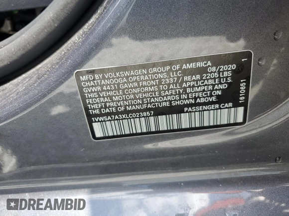 2020 Volkswagen Passat SE with VIN 1VWSA7A3XLC023857, listed as a Copart auction lot 60663425 with Not provided miles and Non repairable. Bid and sale history available at DreamBid. Image 12.