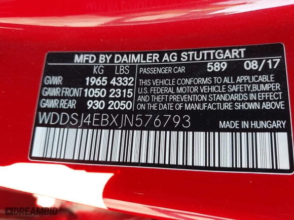 2018 Mercedes-Benz CLA with VIN WDDSJ4EBXJN576793, listed as a IAAI auction lot 41989171 with 49,568 mi miles. Bid and sale history available at carsss.com. Image 9.