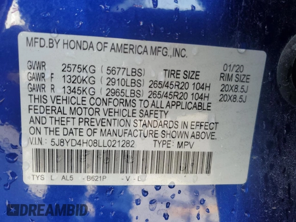 2020 Acura MDX Technology with VIN 5J8YD4H08LL021282, listed as a Copart auction lot 49643005 with 114,218 mi miles and Salvage title. Bid and sale history available at DreamBid. Image 14.