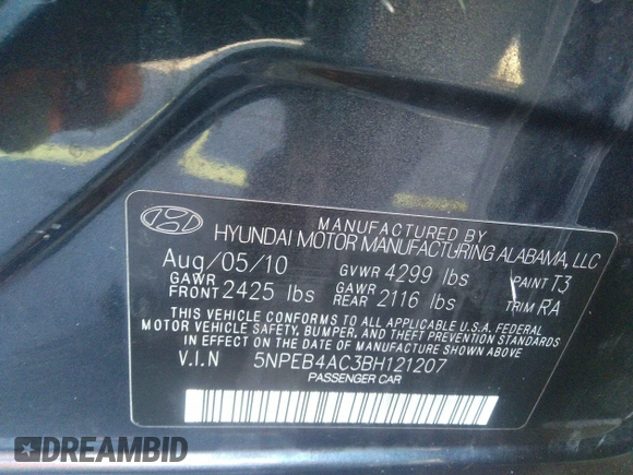 2011 Hyundai Sonata GLS with VIN 5NPEB4AC3BH121207, listed as a IAAI auction lot 36931872 with 91,713 mi miles and . Bid and sale history available at carsss.com. Image 9.