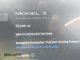 2019 Tesla Model 3 Mid Range with VIN 5YJ3E1EA5KF397098, listed as a IAAI auction lot 41943570 with 72,046 mi miles and . Bid and sale history available at DreamBid. Image 15.