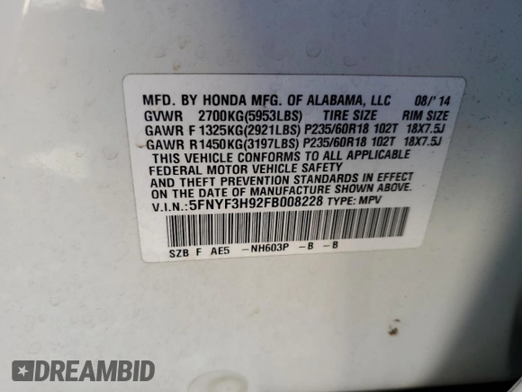 2015 Honda Pilot Touring with VIN 5FNYF3H92FB008228, listed as a Copart auction lot 69816844 with 92,145 mi miles and Salvage Title. Bid and sale history available at carsss.com. Image 13.