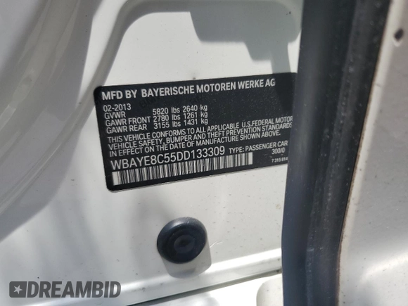 2013 BMW 7 Series 750Li with VIN WBAYE8C55DD133309, listed as a Copart auction lot 60656455 with 182,562 mi miles and Salvage title. Bid and sale history available at DreamBid. Image 12.