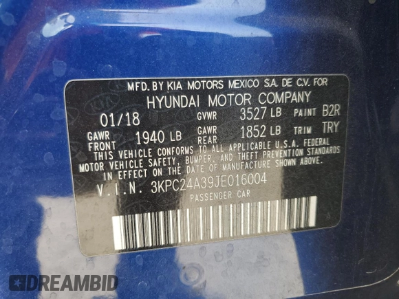 2018 Hyundai Accent SEL z VIN 3KPC24A39JE016004, wystawiony jako Copart lot #53837465 z przebiegiem 108 301 mil mil oraz Nie do naprawy • Non repairable. Historia ofert i sprzedaży dostępna na DreamBid. Obrazek 12.