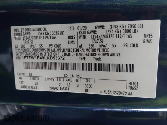 2020 Ford F-150 XL z VIN 1FTFW1E49LKD53372, wystawiony jako IAAI lot #42607987 z przebiegiem 107 054 mil mil oraz . Historia ofert i sprzedaży dostępna na DreamBid. Obrazek 9.