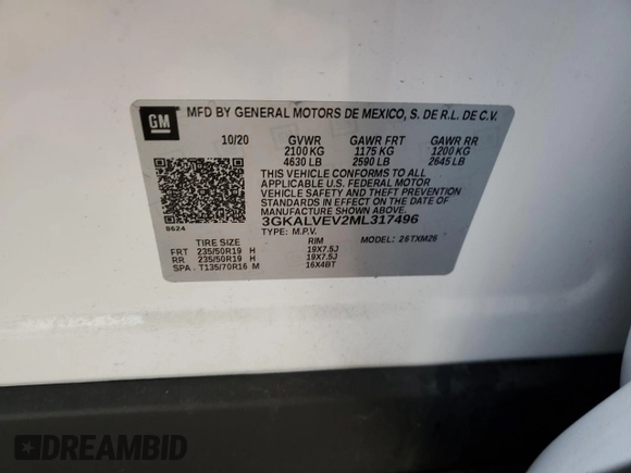 2021 GMC Terrain SLT with VIN 3GKALVEV2ML317496, listed as a Copart auction lot 52500785 with 40,150 mi miles and Salvage title. Bid and sale history available at DreamBid. Image 13.