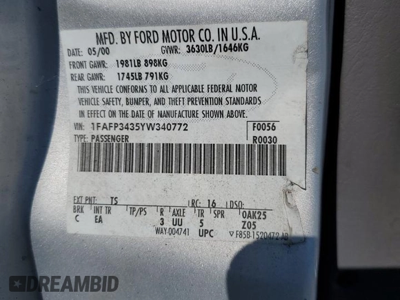 2000 Ford Focus SE with VIN 1FAFP3435YW340772, listed as a Copart auction lot 45588045 with 170,349 mi miles and Salvage Title. Bid and sale history available at carsss.com. Image 14.