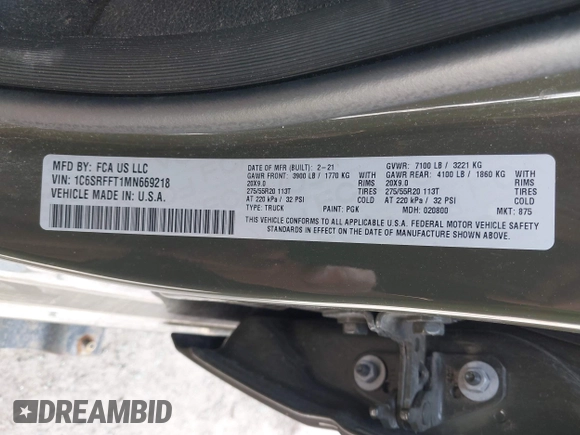 2021 Ram 1500 Big Horn with VIN 1C6SRFFT1MN669218, listed as a IAAI auction lot 42366224 with 50,230 mi miles and . Bid and sale history available at DreamBid. Image 9.