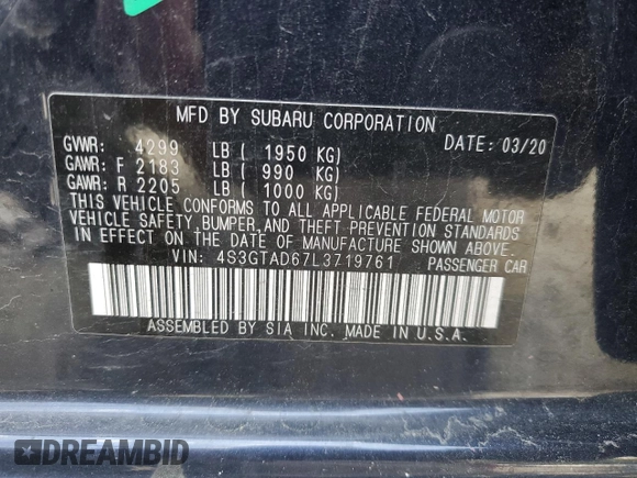 2020 Subaru Impreza Premium with VIN 4S3GTAD67L3719761, listed as a Copart auction lot 54296665 with 54,328 mi miles and Salvage title. Bid and sale history available at DreamBid. Image 12.