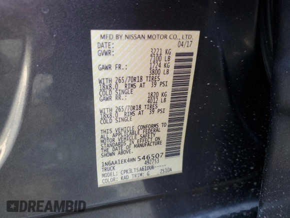 2017 Nissan Titan SV with VIN 1N6AA1EK4HN546507, listed as a Copart auction lot 88555005 with 92,276 mi miles and Salvage title. Bid and sale history available at DreamBid. Image 12.