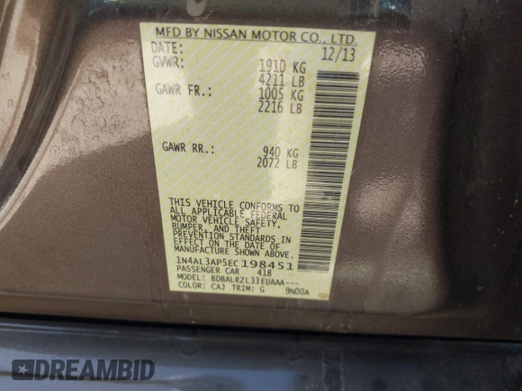 2014 Nissan Altima SV with VIN 1N4AL3AP5EC198451, listed as a IAAI auction lot 41970690 with 181,827 mi miles and . Bid and sale history available at DreamBid. Image 9.