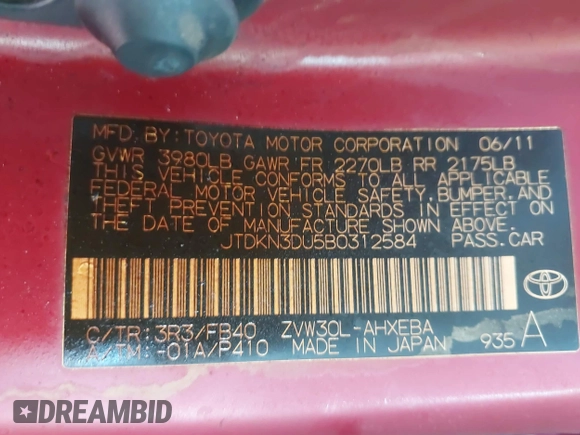 2011 Toyota Prius I with VIN JTDKN3DU5B0312584, listed as a IAAI auction lot 41777944 with 72,865 mi miles and . Bid and sale history available at DreamBid. Image 9.