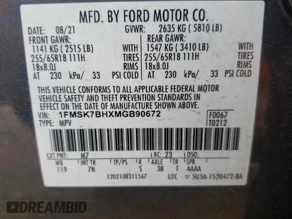 2021 Ford Explorer with VIN 1FMSK7BHXMGB90672, listed as a Copart auction lot 43829465 with 72,167 mi miles and Non Repairable. Bid and sale history available at carsss.com. Image 15.