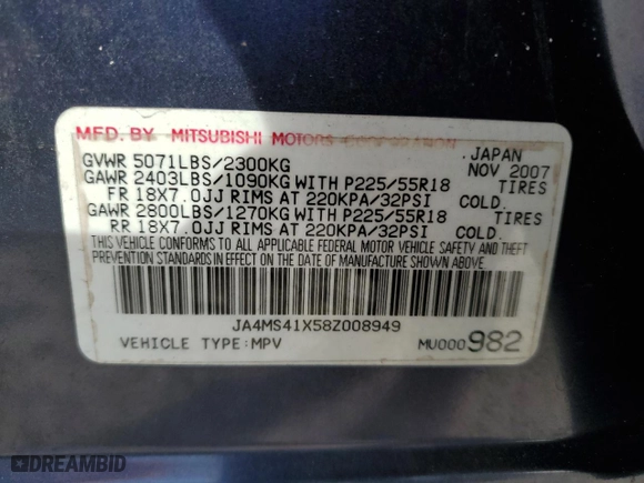 2008 Mitsubishi Outlander XLS with VIN JA4MS41X58Z008949, listed as a Copart auction lot 86663524 with 138,669 mi miles and Salvage Title. Bid and sale history available at carsss.com. Image 13.