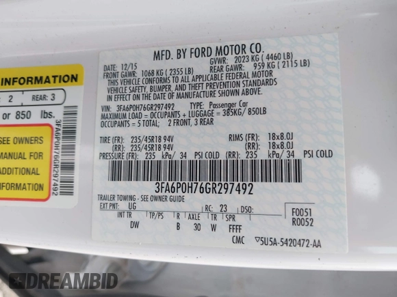 2016 Ford Fusion SE with VIN 3FA6P0H76GR297492, listed as a IAAI auction lot 41850562 with 107,497 mi miles and . Bid and sale history available at DreamBid. Image 9.