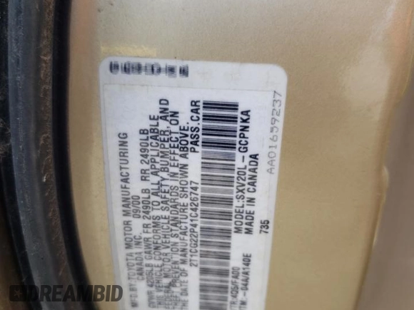 2001 Toyota Solara SE z VIN 2T1CG22P41C426747, wystawiony jako Copart lot #47190974 z przebiegiem 169 211 mil mil oraz Szkoda całkowita • Salvage title. Historia ofert i sprzedaży dostępna na DreamBid. Obrazek 12.