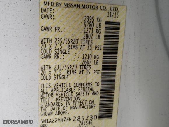 2015 Nissan Murano SL with VIN 5N1AZ2MH7FN285230, listed as a Copart auction lot 49115125 with 108,611 mi miles and Salvage Title. Bid and sale history available at carsss.com. Image 13.