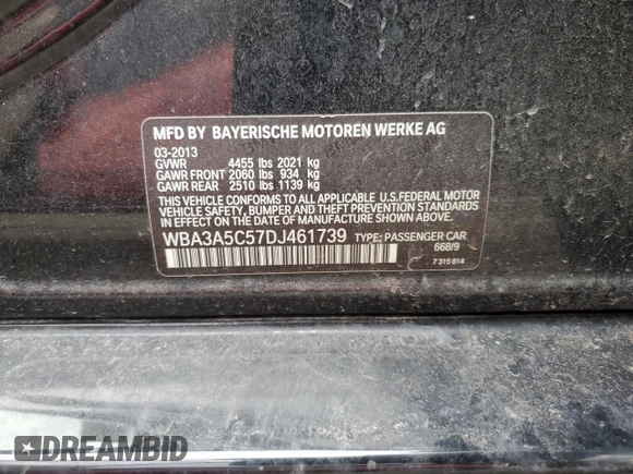 2013 BMW 3 Series 328i with VIN WBA3A5C57DJ461739, listed as a Copart auction lot 51123385 with 81,436 mi miles and Salvage Title. Bid and sale history available at carsss.com. Image 12.