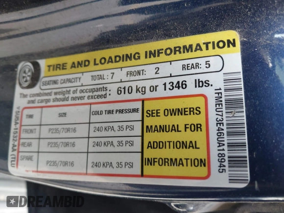 2006 Ford Explorer XLT with VIN 1FMEU73E46UA18945, listed as a IAAI auction lot 42091713 with 155,949 mi miles and . Bid and sale history available at DreamBid. Image 9.