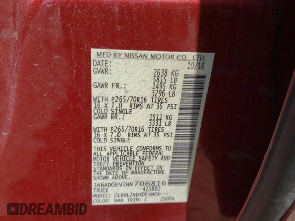 2017 Nissan Frontier SV with VIN 1N6AD0EV2HN706816, listed as a Copart auction lot 60540005 with 43,737 mi miles and Salvage title. Bid and sale history available at DreamBid. Image 12.