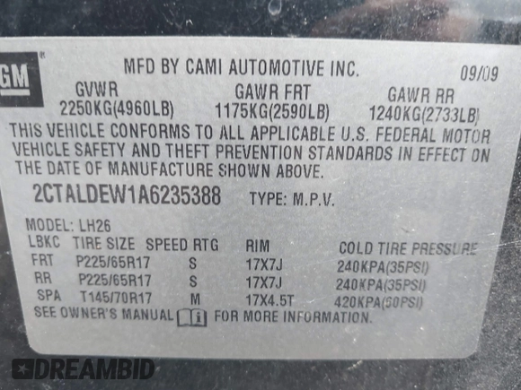 2010 GMC Terrain SLE-2 with VIN 2CTALDEW1A6235388, listed as a IAAI auction lot 42561863 with 162,800 mi miles and . Bid and sale history available at DreamBid. Image 9.