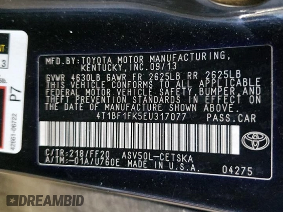 2014 Toyota Camry L with VIN 4T1BF1FK5EU317077, listed as a Copart auction lot 45925595 with 218,554 mi miles and Salvage Title. Bid and sale history available at carsss.com. Image 12.