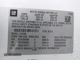 2011 GMC Yukon SLT with VIN 1GKS1CE01BR101311, listed as a IAAI auction lot 41572486 with 1 mi miles. Bid and sale history available at carsss.com. Image 9.