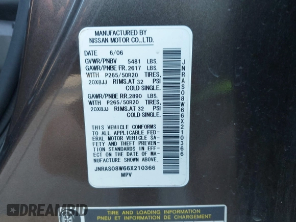 2006 Infiniti FX with VIN JNRAS08W66X210366, listed as a IAAI auction lot 42635986 with 160,932 mi miles and . Bid and sale history available at DreamBid. Image 9.