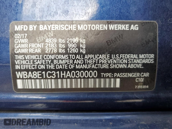 2017 BMW 3 Series 330e iPerformance with VIN WBA8E1C31HA030000, listed as a Copart auction lot 41706995 with 93,213 mi miles and Salvage Title. Bid and sale history available at carsss.com. Image 14.