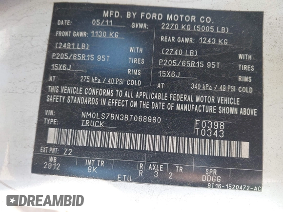 2011 Ford Transit Connect XLT with VIN NM0LS7BN3BT068980, listed as a IAAI auction lot 41746496 with 98,257 mi miles and . Bid and sale history available at DreamBid. Image 8.