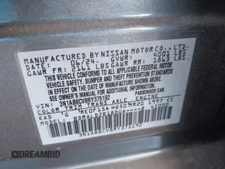 2024 Nissan Sentra SV with VIN 3N1AB8CV8RY375192, listed as a IAAI auction lot 41862373 with 3,652 mi miles. Bid and sale history available at carsss.com. Image 9.